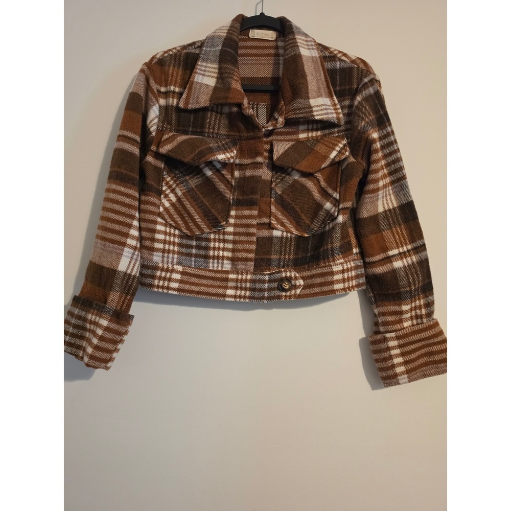 Altar'd State Jacket Women S Brown Plaid Polyester Blend Cropped Shacket Boho